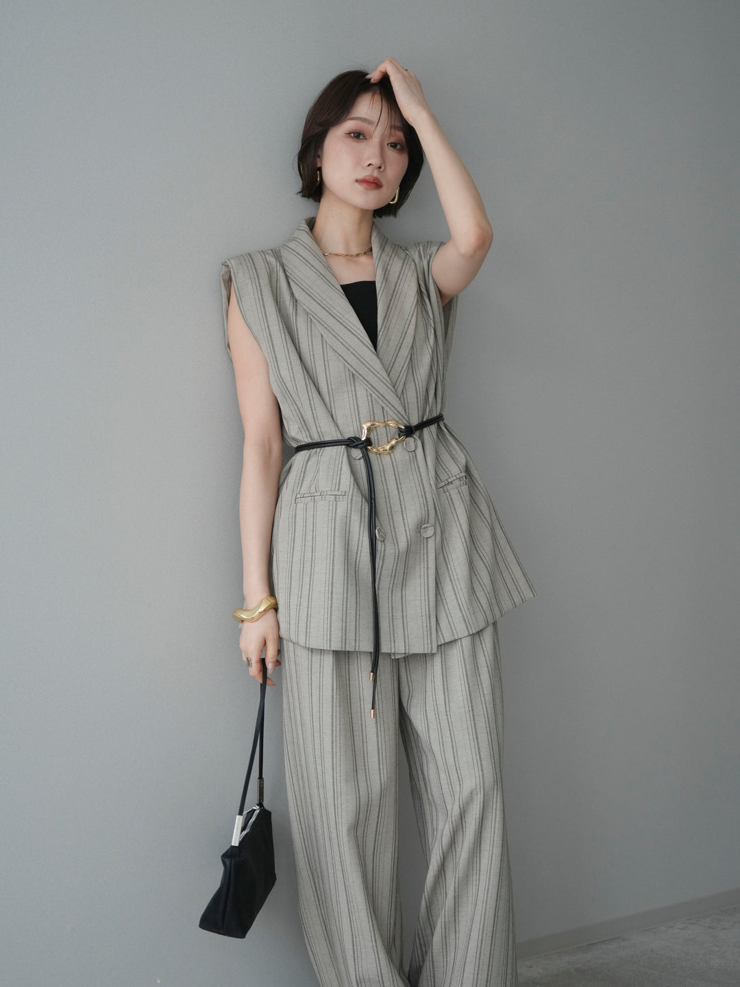 [SET]モチーフベルト付ストライプジレ＆パンツSETUP+選べるアクセセット(2set)