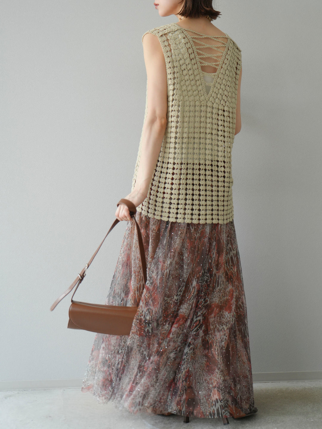 [予約]レースアップクロシェ編みニットベスト/ベージュ