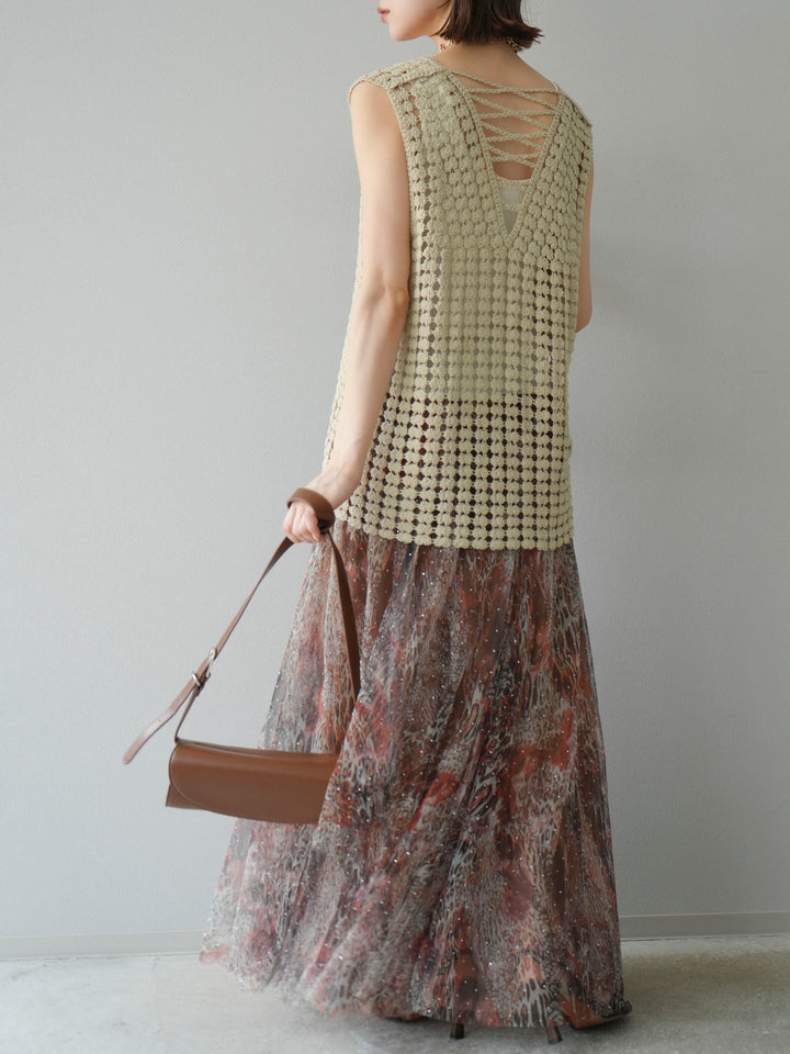 [予約]レースアップクロシェ編みニットベスト/ベージュ