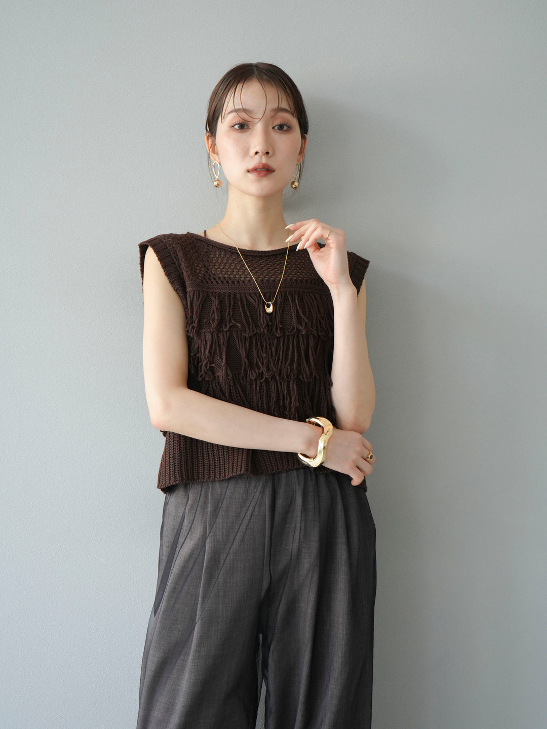 [SET]透かし編みフリンジニットトップス+コード刺繍チュールレイヤードパンツ(2set)