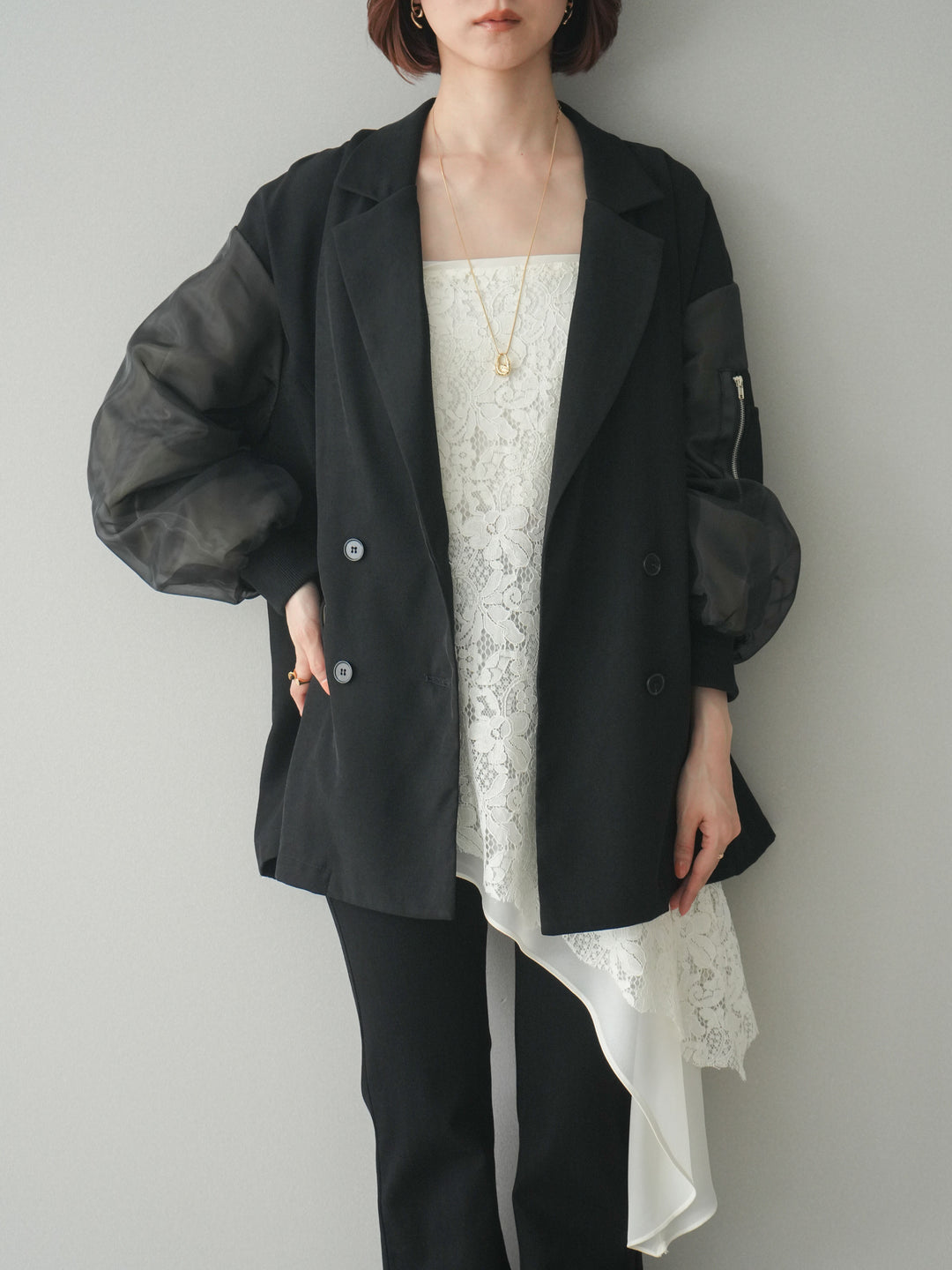 [SET]MA-1ドッキングデザインジャケット+ハイウエストフレアデニムパンツ(2set)