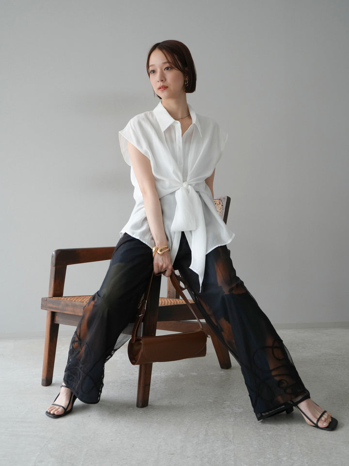 [SET] 前繫帶透視上衣 + 水彩藝術休閒褲 (2 件組)