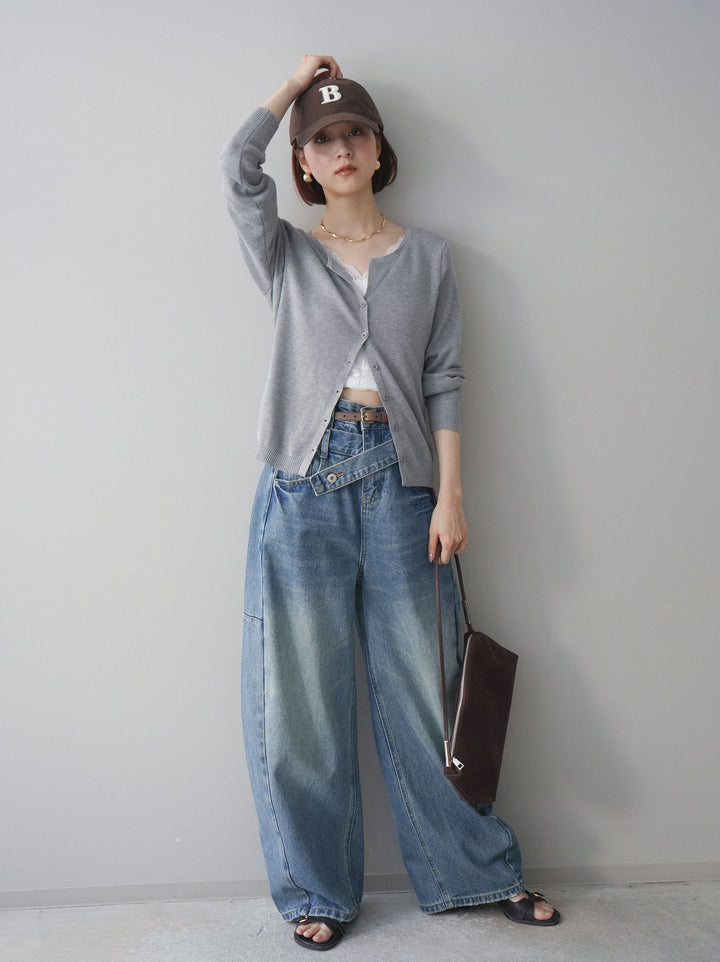 [SET]レースレイヤードニットカーディガン+アシメデザインワイドデニムパンツ(2set)