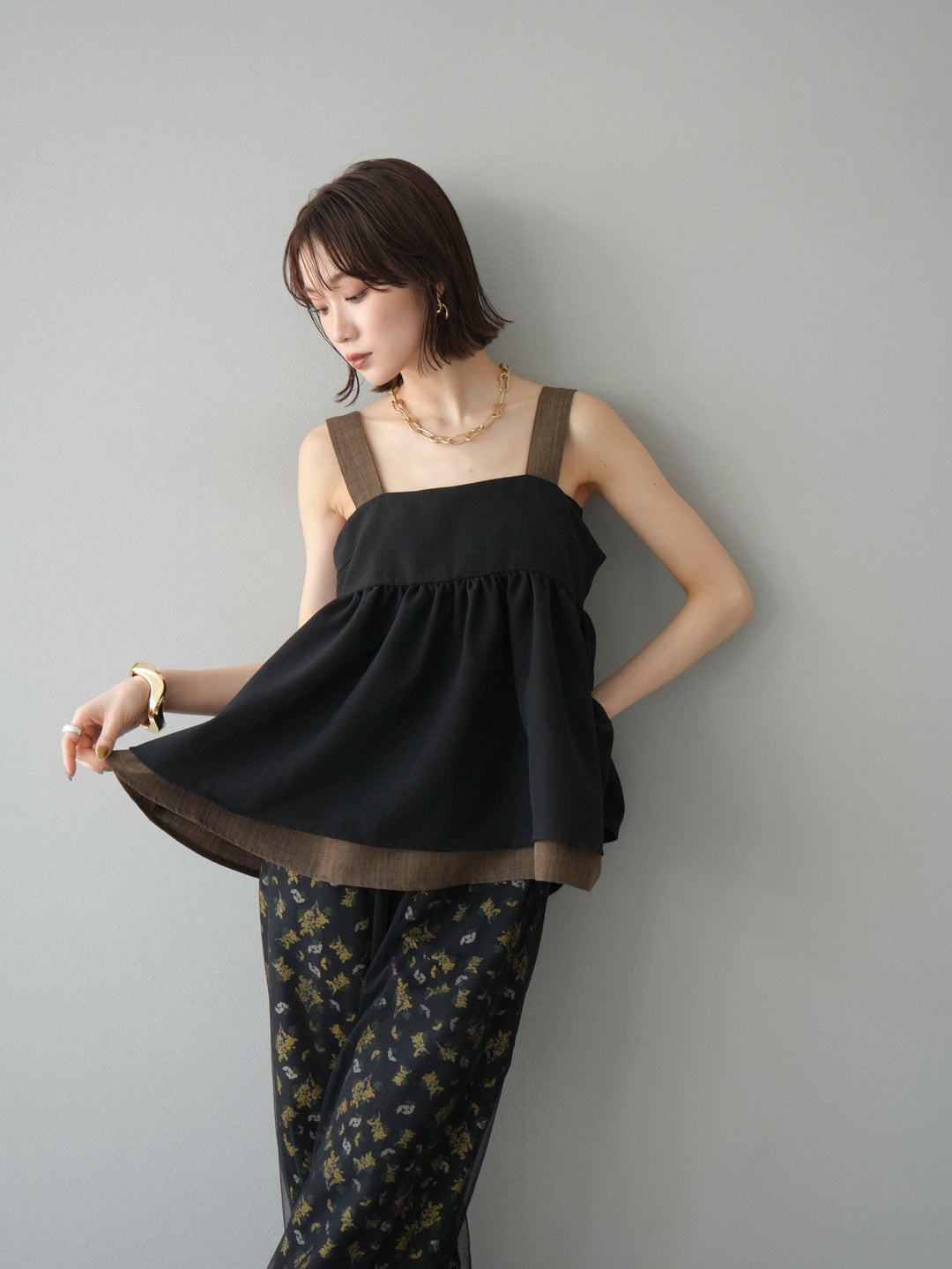 [予約]リネンライク配色フレアタンクトップ/ブラック