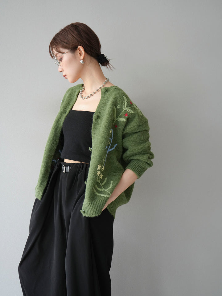 [SET]フラワー刺繍ニットカーディガン+ベルト付タックワイドパンツ(2set)
