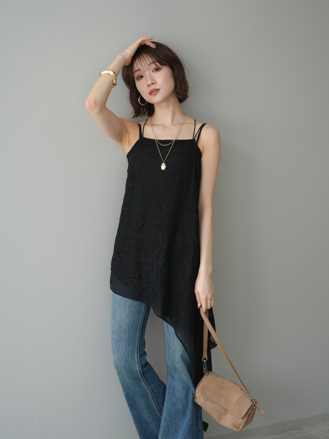 [予約]シフォンレイヤードアシンメトリーレースキャミソール/black
