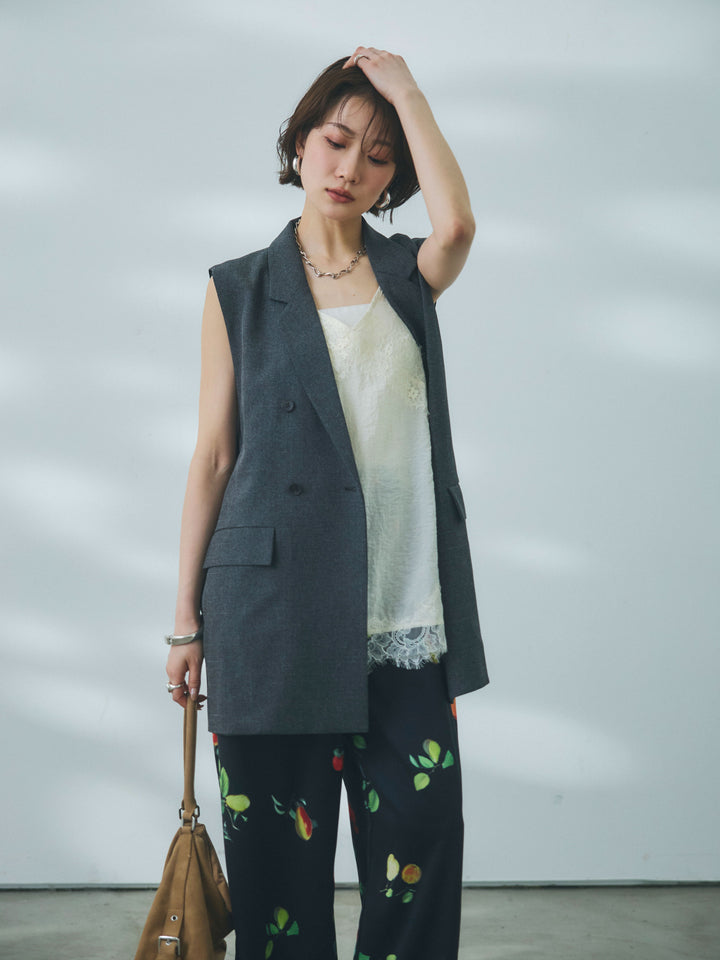 【魅力】[套裝] 混色中長款修身馬甲 + 植物印花休閒褲（兩件套）