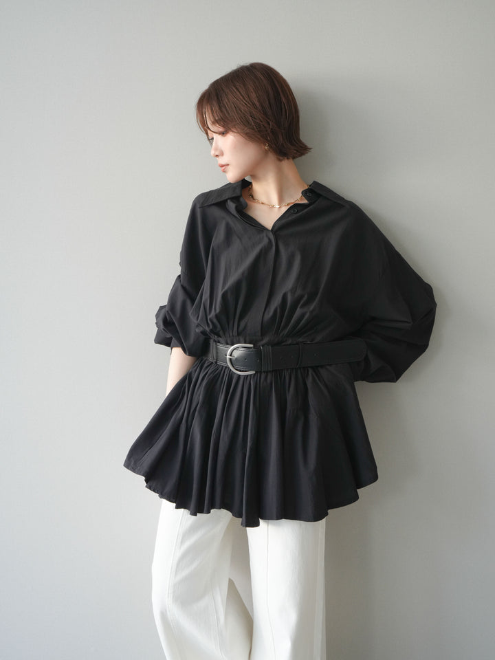 [予約]ベルト付フレアシャツミニワンピース/black