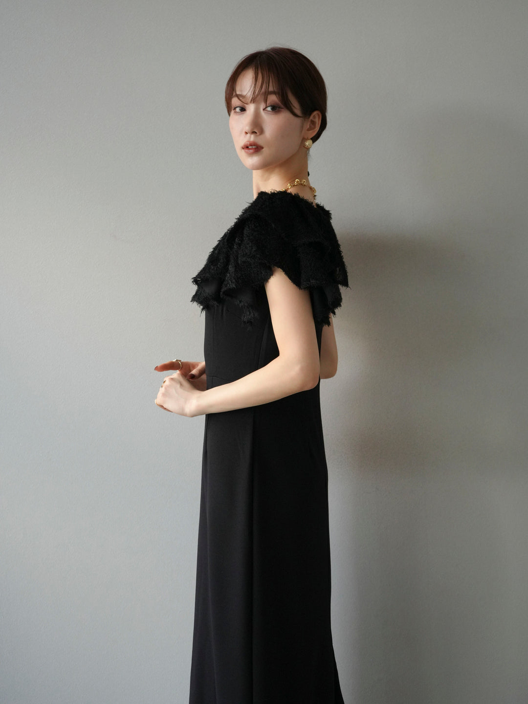 [予約]ジャガードフレアスリーブドレス/ブラック