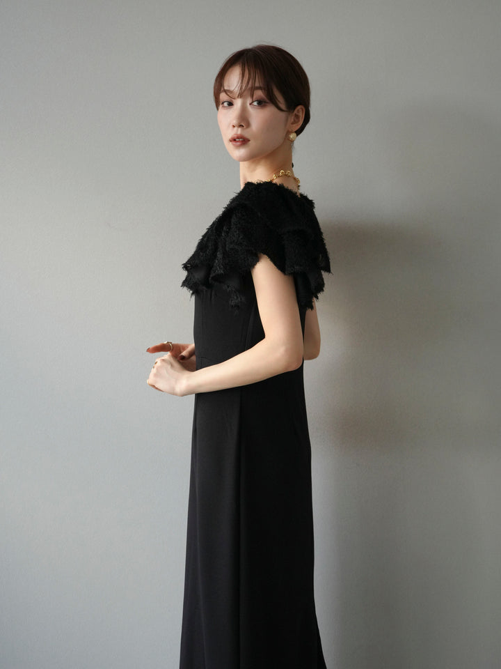 [予約]ジャガードフレアスリーブドレス/ブラック