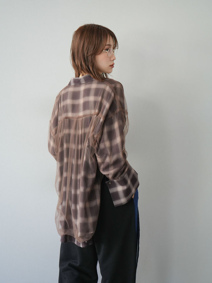 [套裝] 薄紗對接格紋寬鬆襯衫 + 牛仔布 Switch 2-Way 設計運動褲 (2 套)