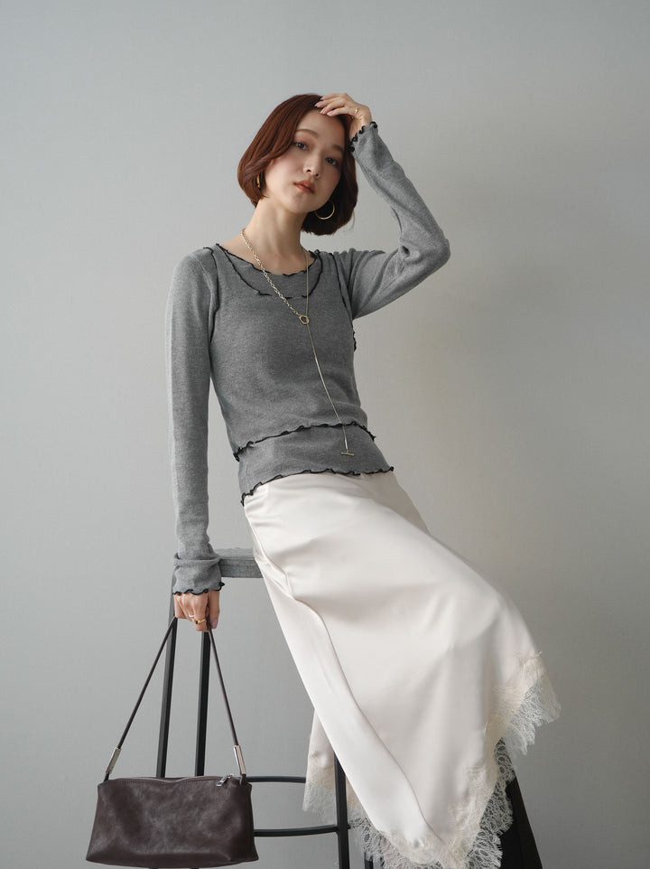 [SET]バイカラーメローアンサンブルシアーニットトップス+センターシームフレアパンツ(2set)