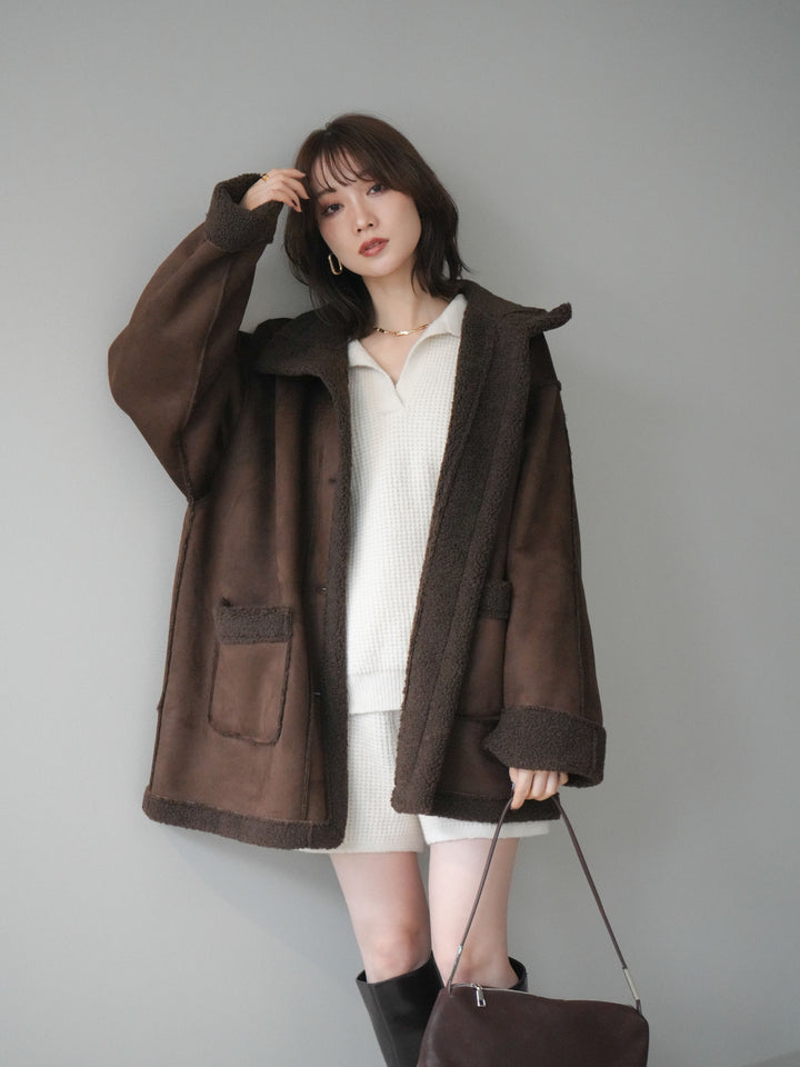 [SET]ポロニットプルオーバー＆ショートパンツSET UP+スタンドネックフェイクムートンミディアムコート(2set)