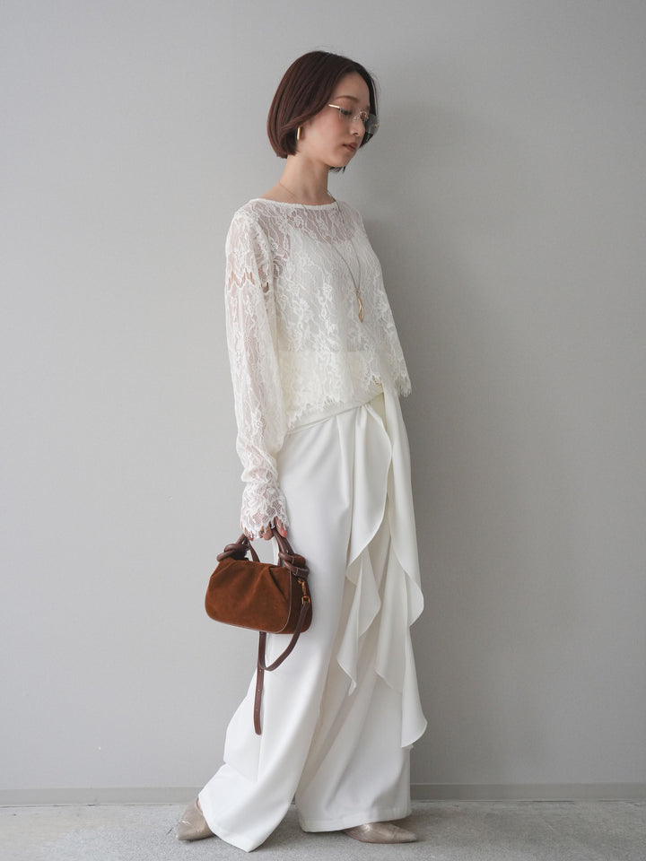 [SET]2WAYスリーブレーストップス+ラッフルベルトワイドパンツ(2set)