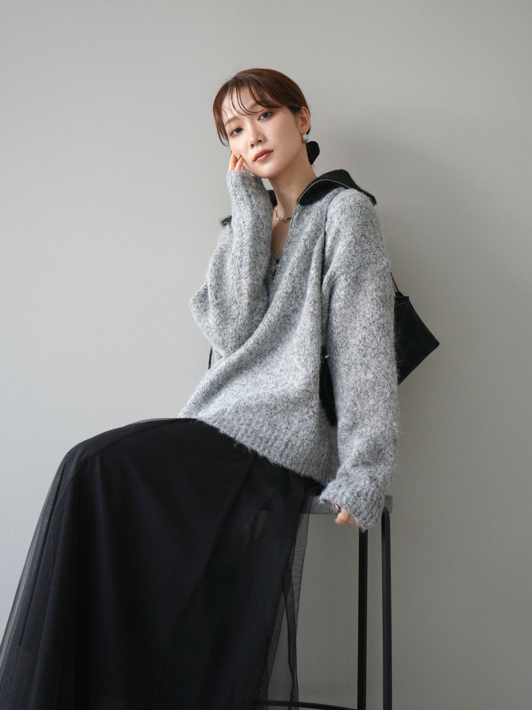 [予約]バイカラージップニットプルオーバー/gray