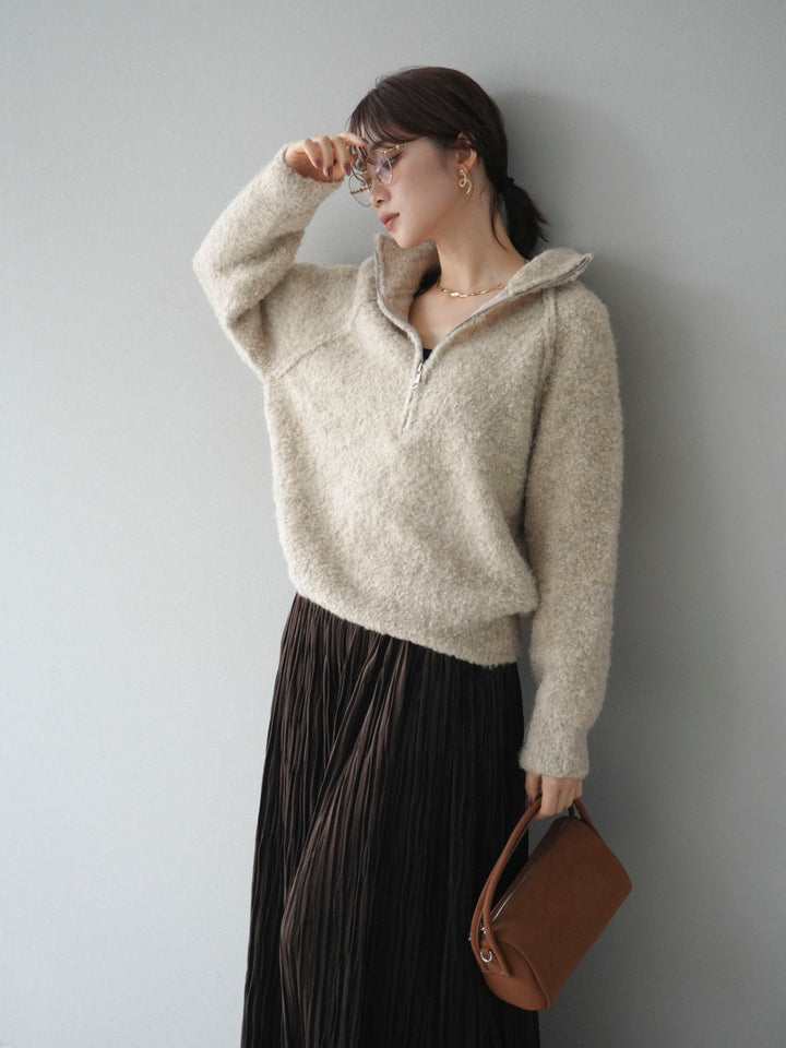 [予約]スタンドジップMIXブークレニットプルオーバー/beige