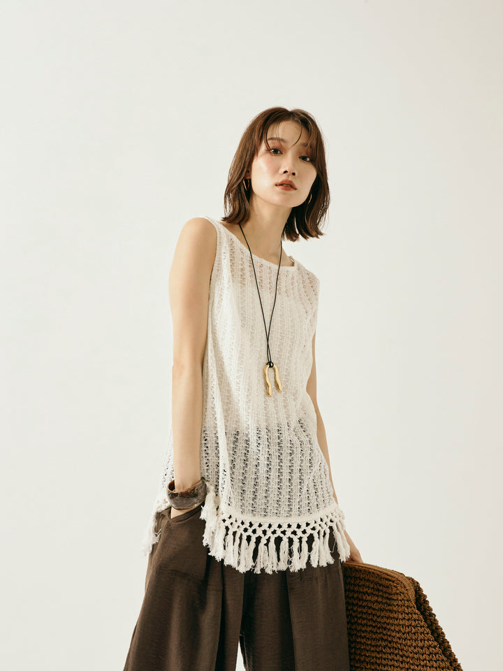 [予約]フリンジ透かし編みニットベスト/ホワイト