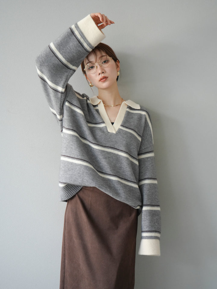 [予約]ポロ襟スキッパーボーダーニットプルオーバー/グレー