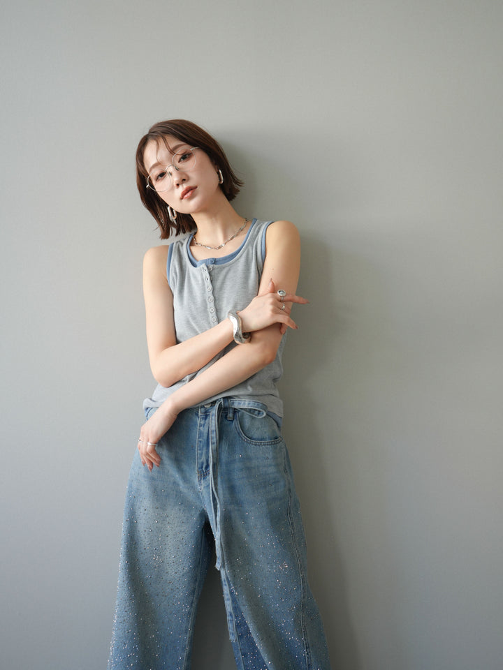 [SET]配色リブヘンリータンクトップ+ウエストベルトビジューワイドデニムパンツ(2set)