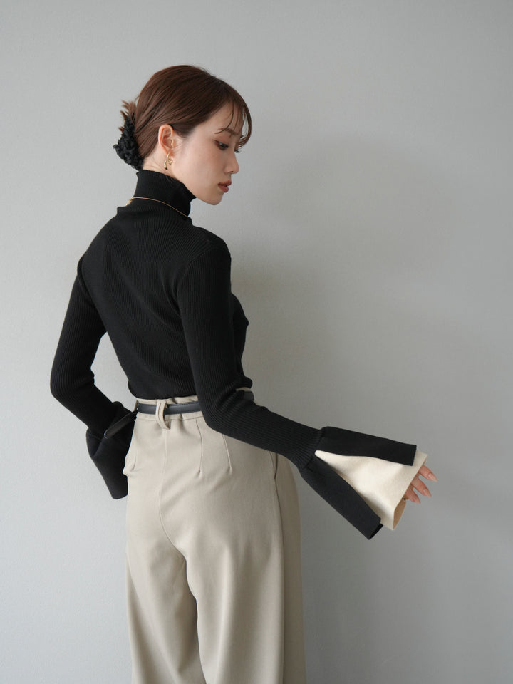 [予約]レイヤードフレアスリーブハイネックニットトップス/ブラック