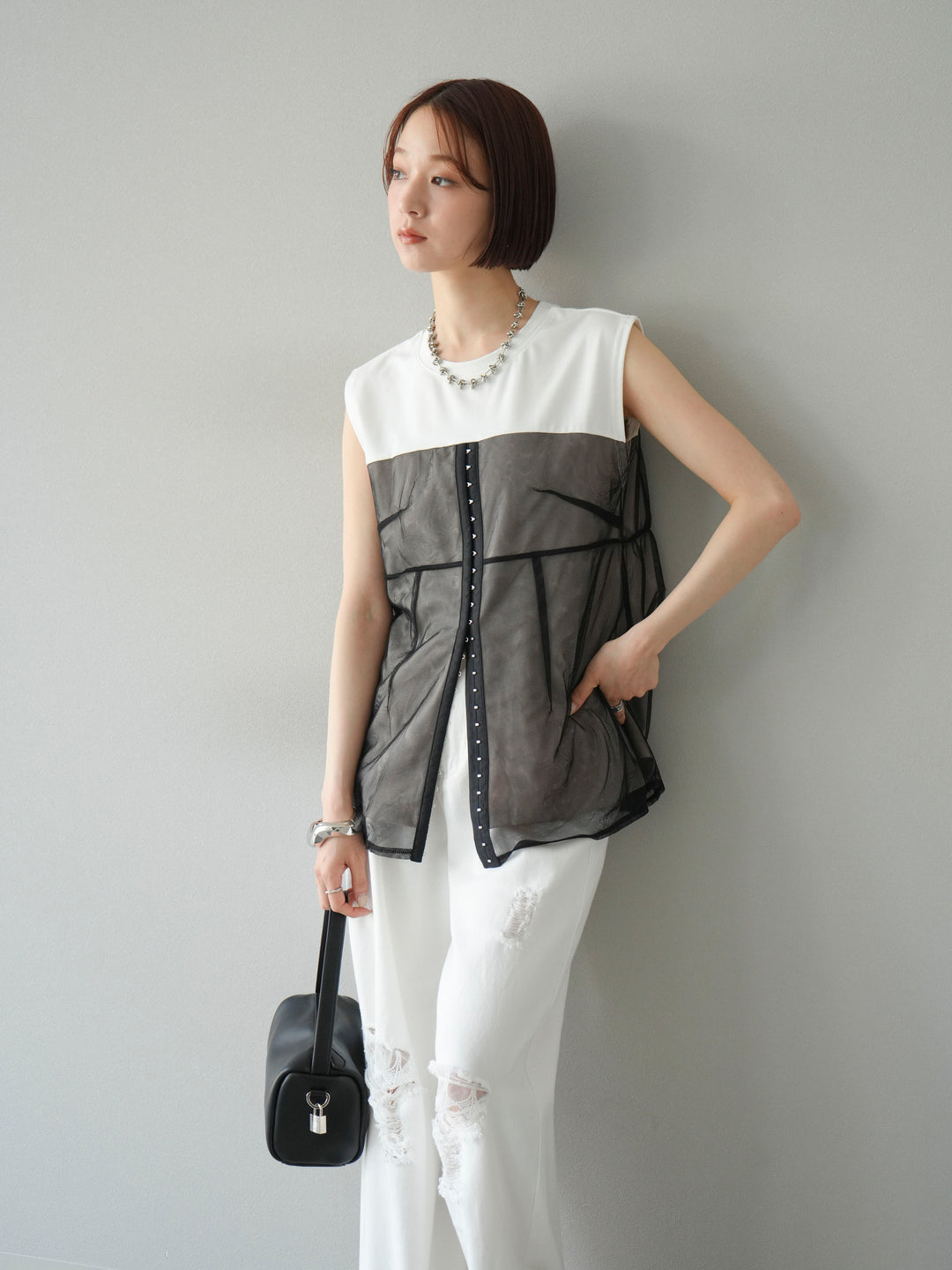 [預訂] 薄紗對接鉤設計剪裁套頭衫/脫下