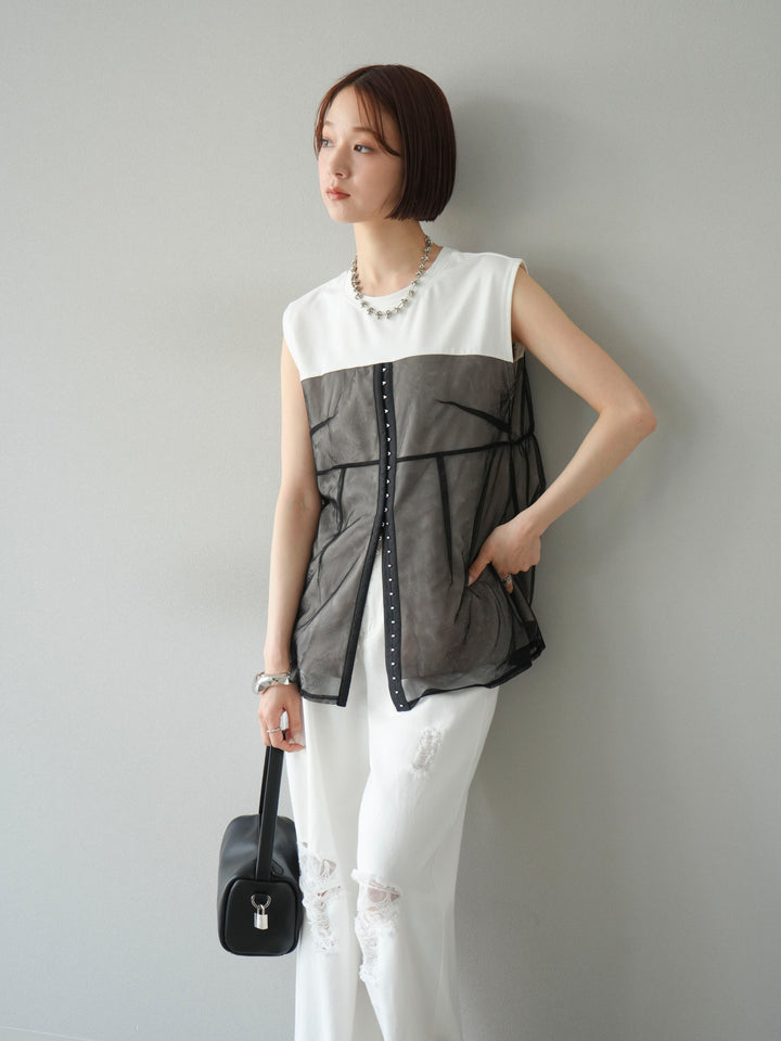 [預訂] 薄紗對接鉤設計剪裁套頭衫/脫下