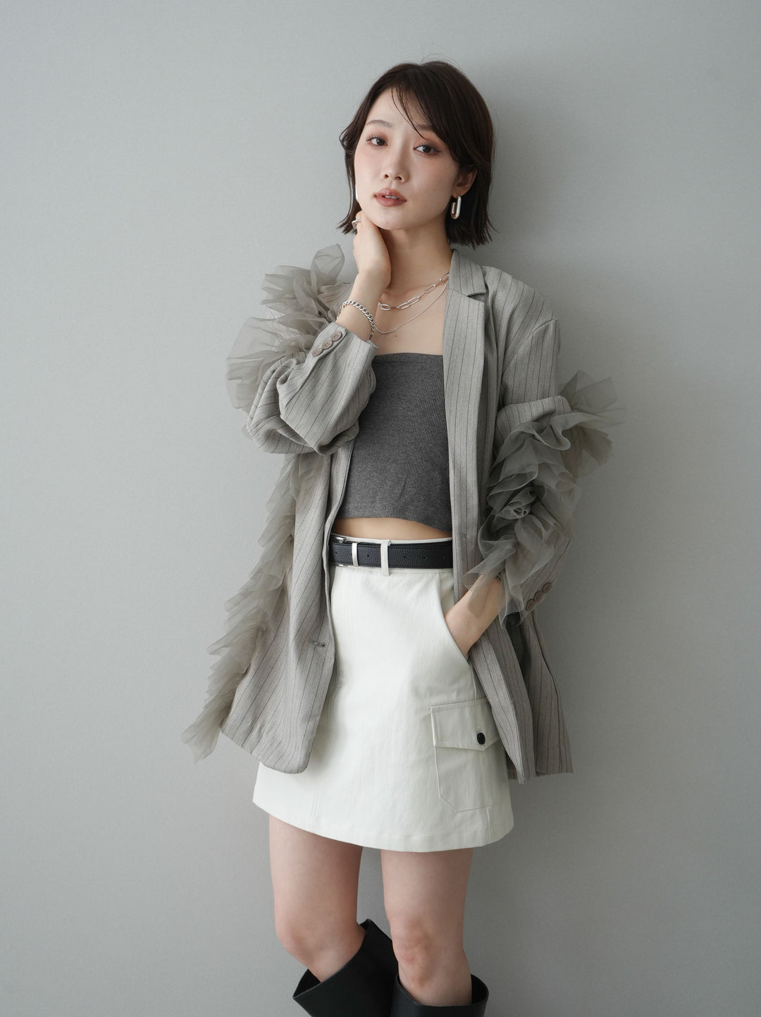[予約]アシンメトリーチュールストライプジャケット/greige