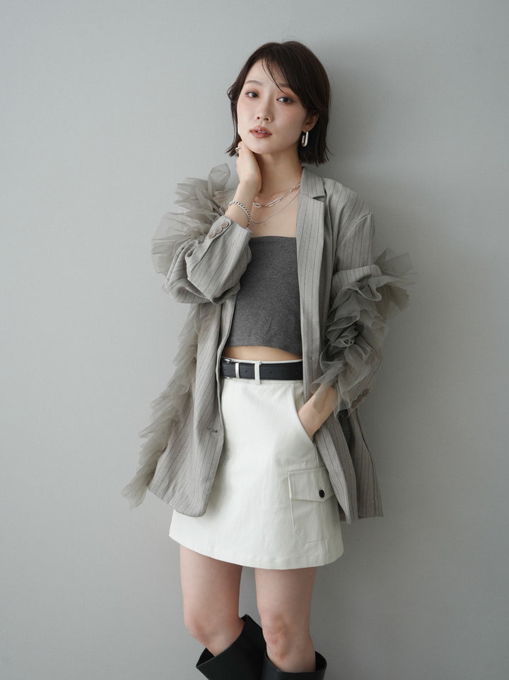 [予約]アシンメトリーチュールストライプジャケット/greige