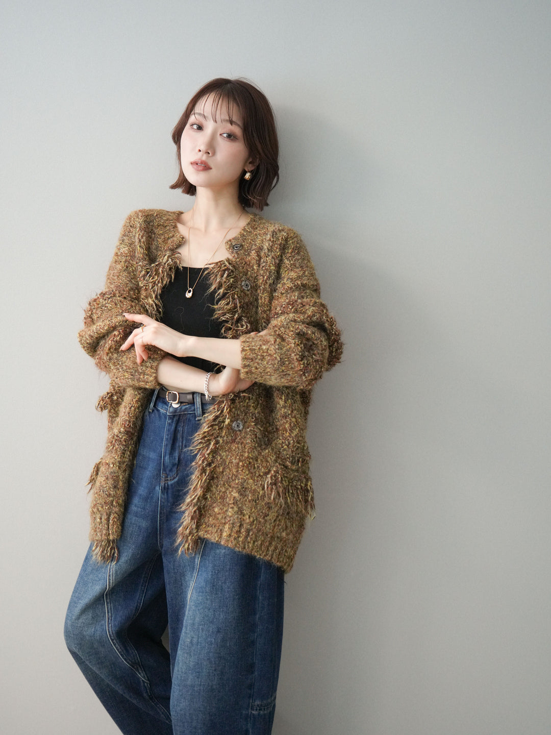 [SET]ミックスヤーンフリンジデザインニットジャケット+裏起毛加工デニムカーブパンツ(2set)