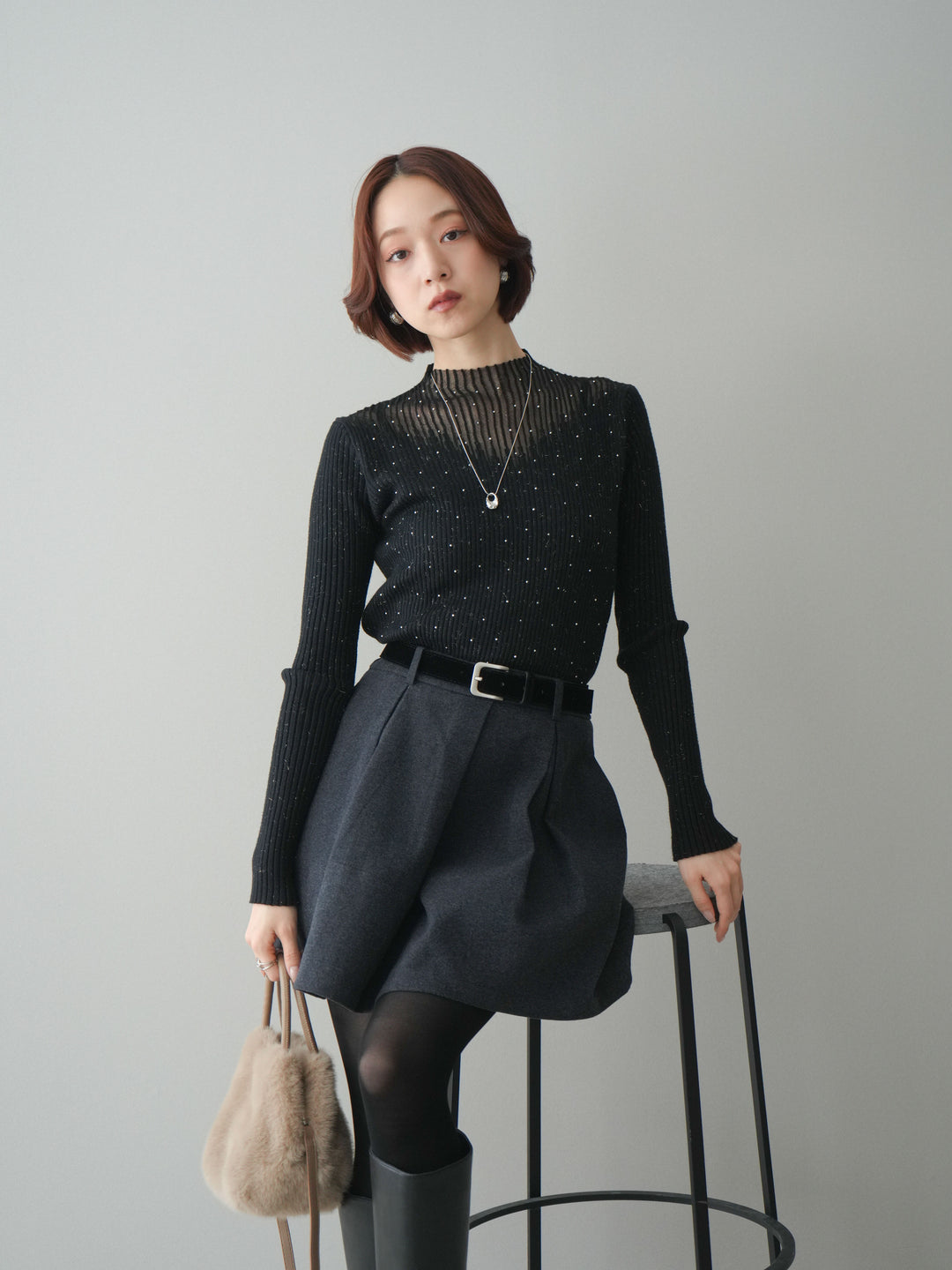 [SET]シアー切替スパンコールリブニットトップス+ベルト付きタックミニスカート(2set)