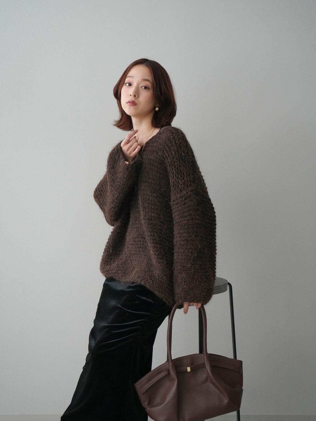 [SET]ワッフル編みシャギーニットプルオーバー+ギャザーベロアスカート(2set)