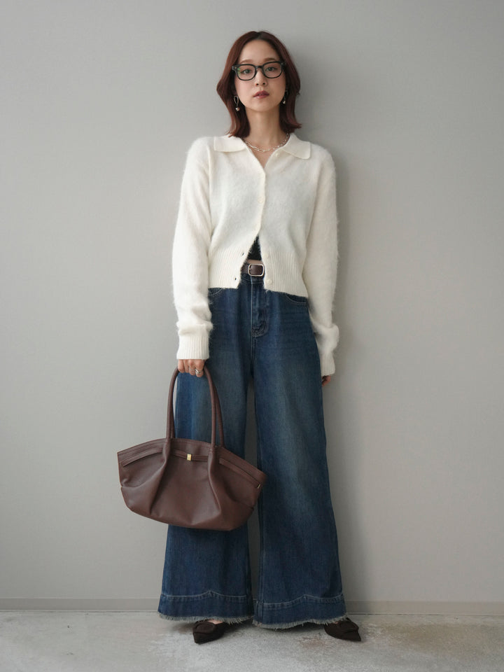 [SET]モヘア衿付きボタンプルオーバー+裏起毛裾フリンジワイドデニムパンツ(2set)