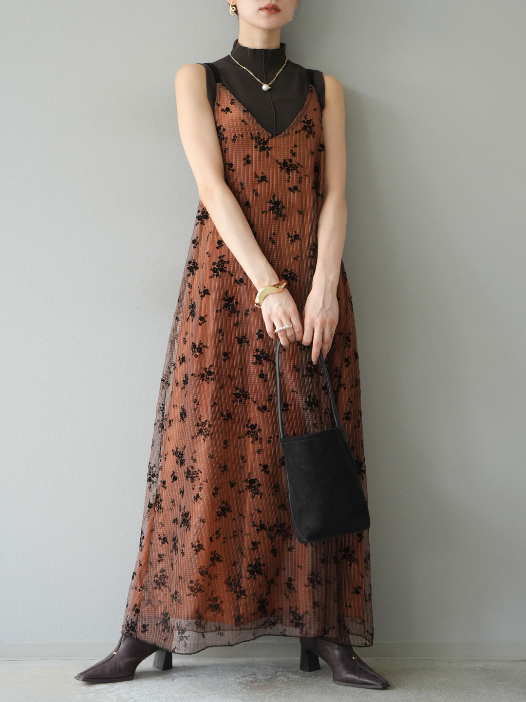 [予約]フロッキーチュールレイヤードベロアキャミワンピース/オレンジ