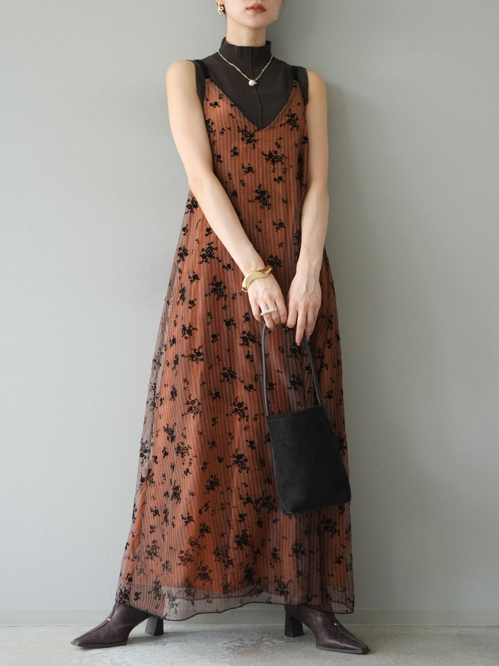 [予約]フロッキーチュールレイヤードベロアキャミワンピース/オレンジ