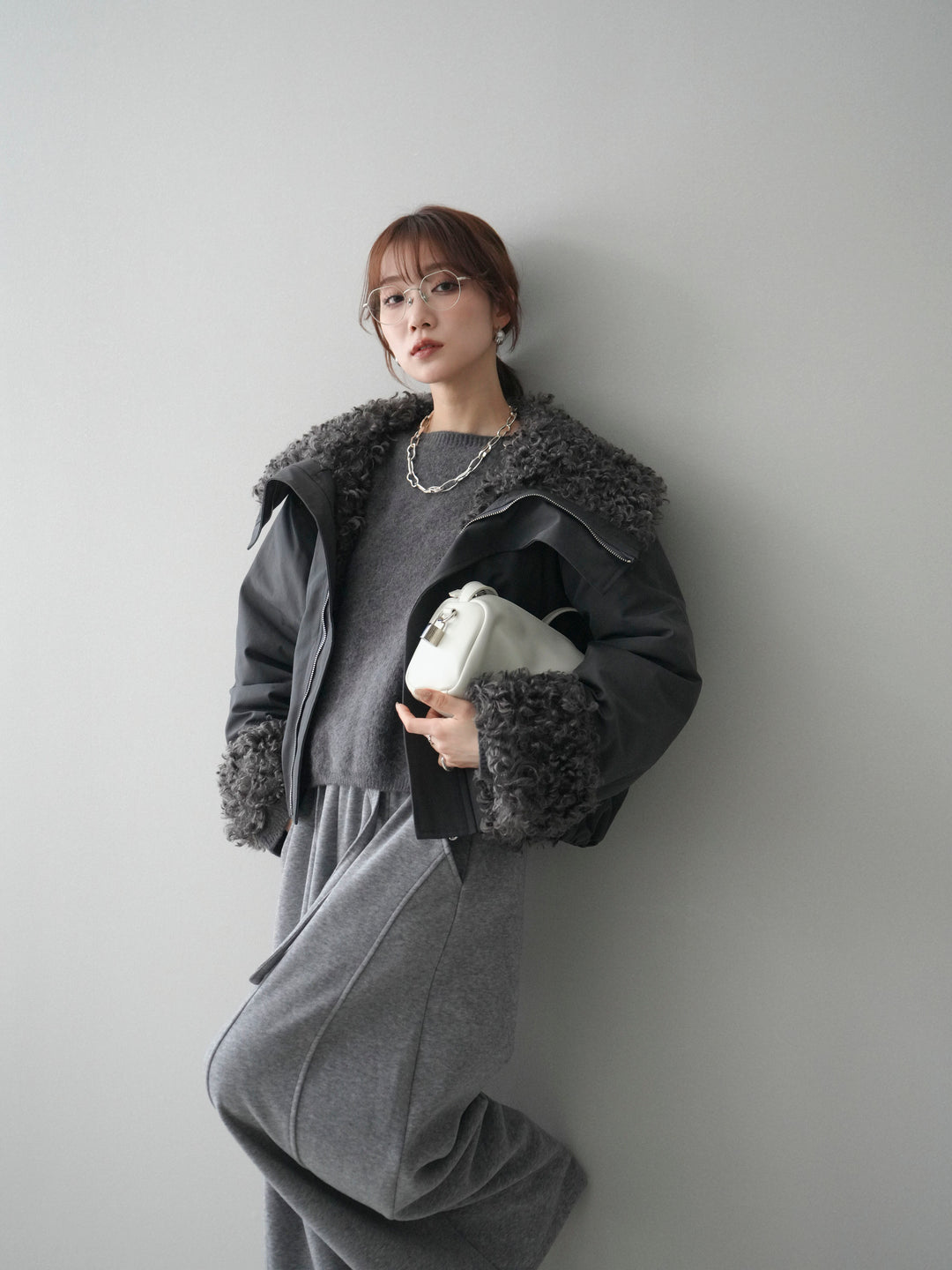 [SET]プードルファーダウンジャケット+アンゴラタッチボートネッククロップドプルオーバー(2set)