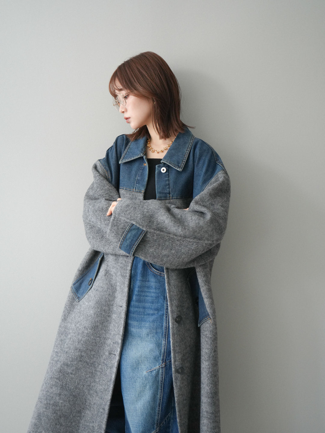 [予約]デニム切替シャギーステンカラーコート/gray