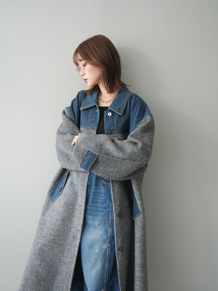 [予約]デニム切替シャギーステンカラーコート/gray