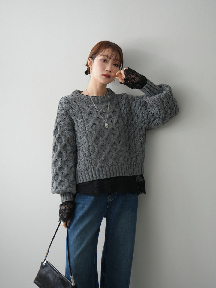 【着回しセット】[SET]バルキーケーブルクロップドニットプルオーバー+アンゴラタッチクルーネックニットプルオーバー+チュールレーストップス(3set)