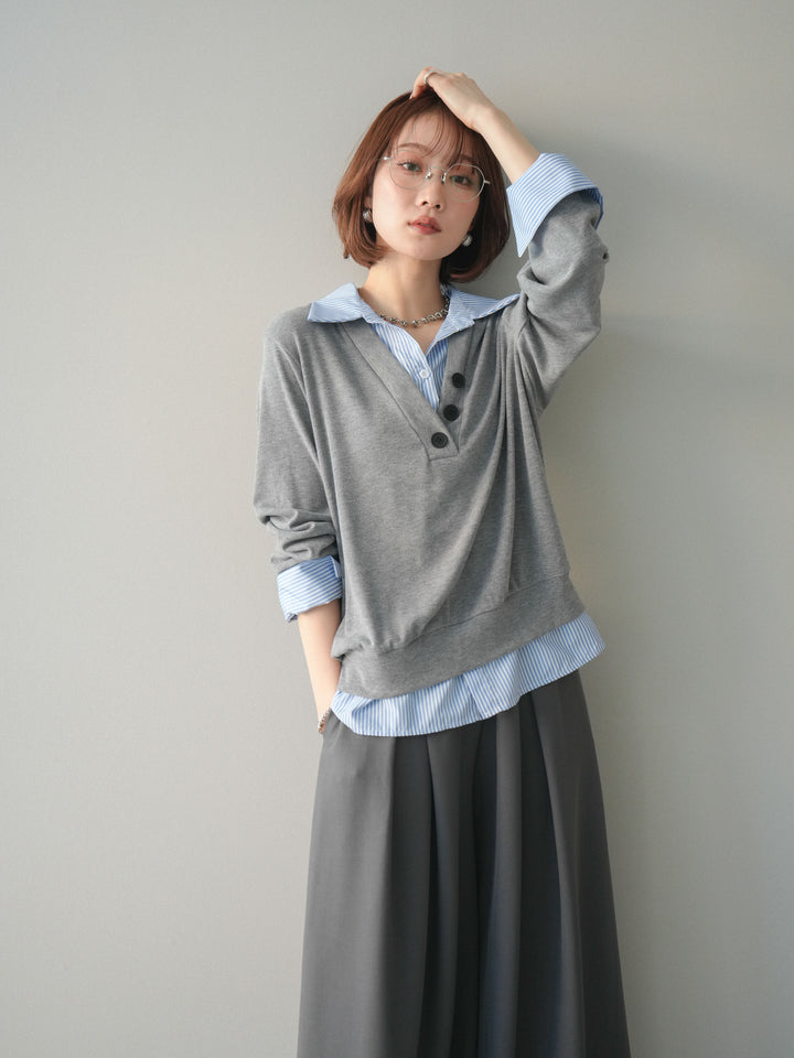 [予約]シャツレイヤードデザインカットプルオーバー/lightgray