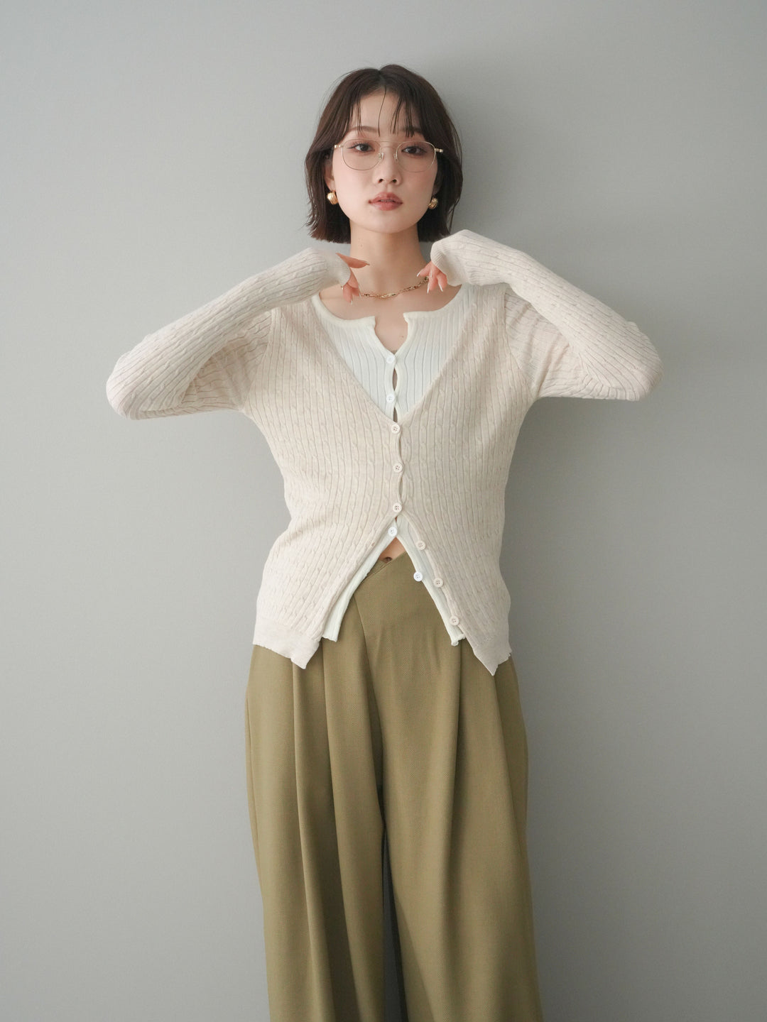 [予約]バイカラーレイヤードニットカーディガン/white