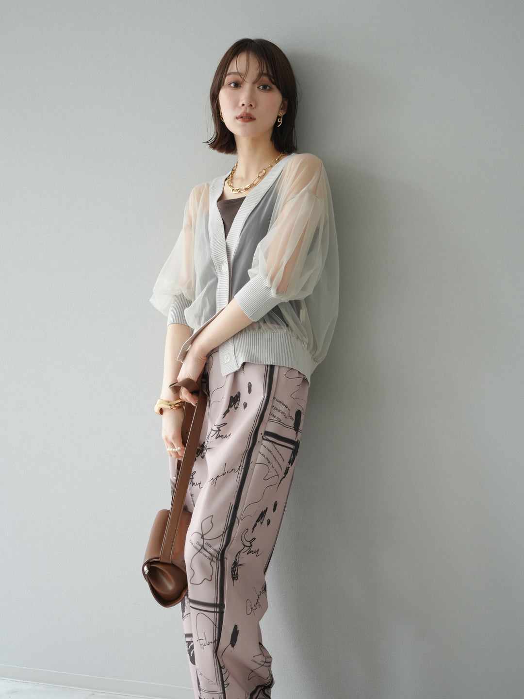 [SET] 透視半袖褶皺開襟衫 + 彩繪圖案褶襉褲 (2set)