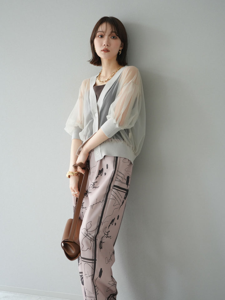 [SET] 透視半袖褶皺開襟衫 + 彩繪圖案褶襉褲 (2set)
