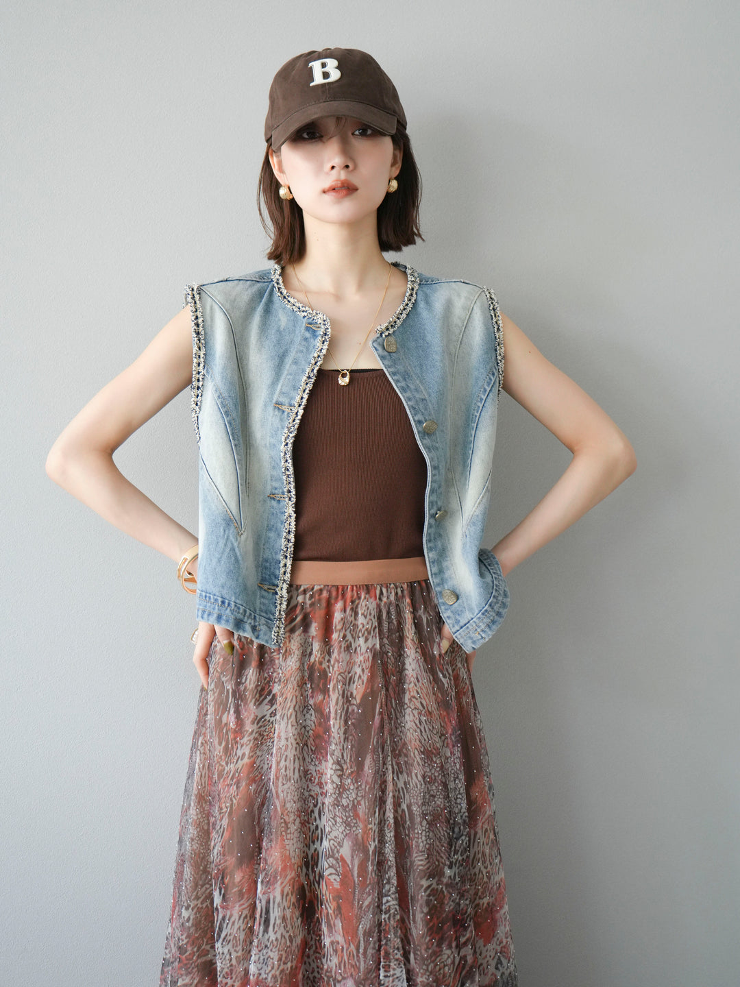 [予約]ツイードデザインデニムベスト/ライトブルー