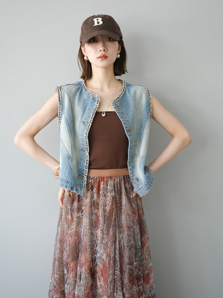 [予約]ツイードデザインデニムベスト/ライトブルー