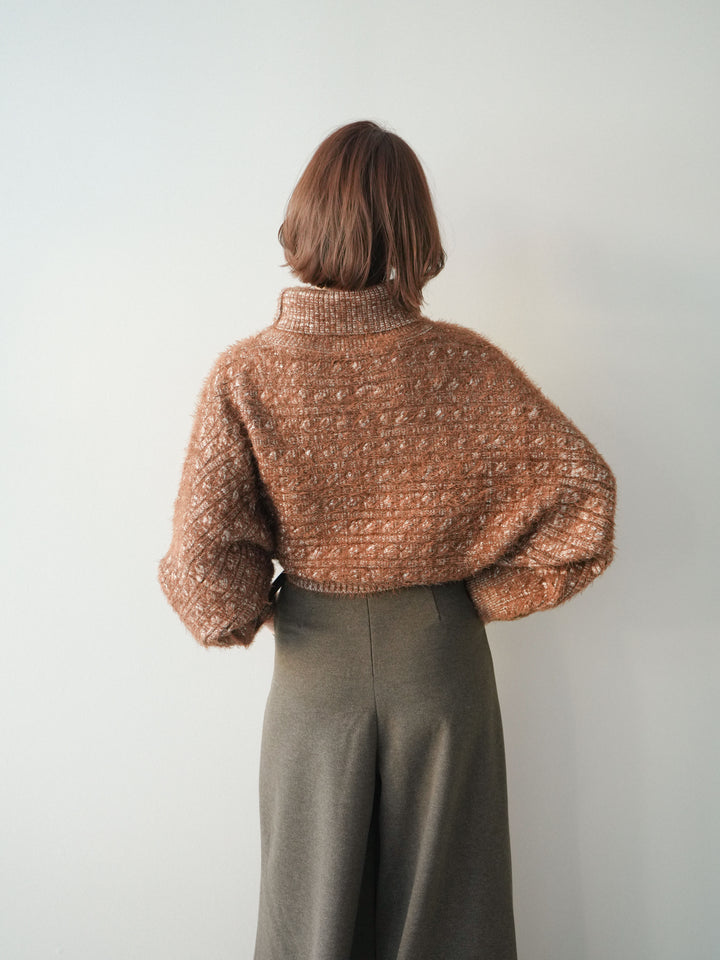 [予約]オフタートルケーブル編みニットプルオーバー/brown