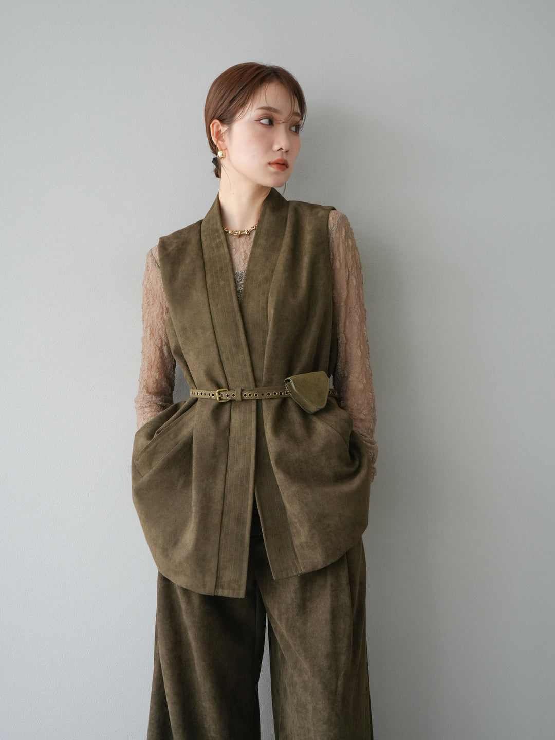 [SET]ポーチベルト付スウェードジレ×パンツSET UP(2set)