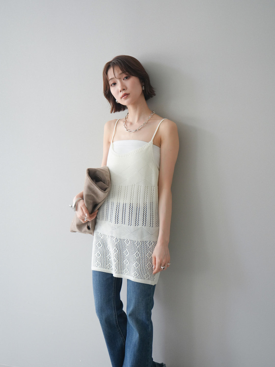 [予約]ランダム透かし編みニットキャミソール/ivory
