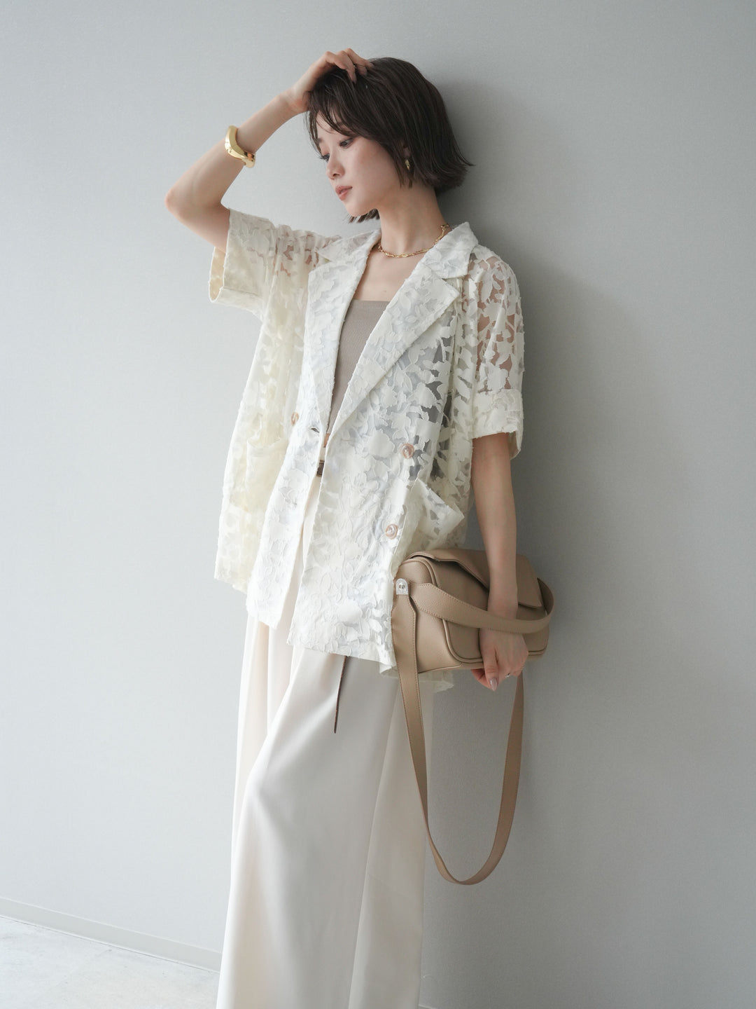 【套裝】花朵蕾絲短袖外套+垂褶收腰帶環長褲（兩件套）