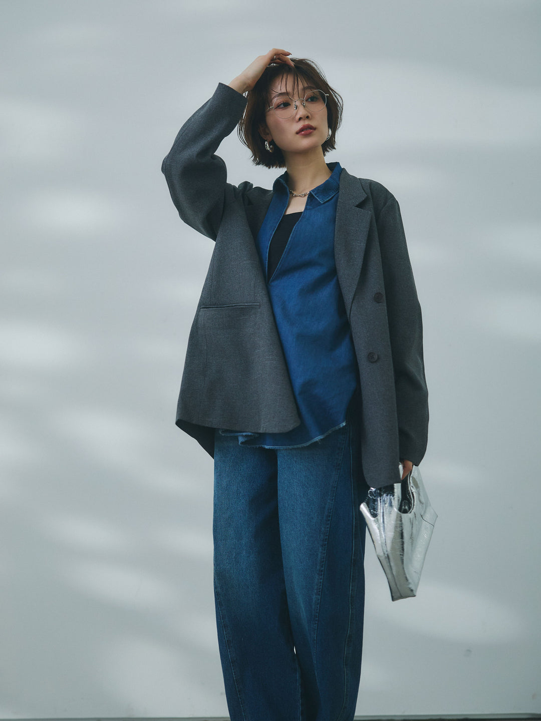 【Allure】[SET]杢調ライトテーラードジャケット+コットンライクスキッパーシャツ+ウエストフリンジカットオフカーブデニムパンツ(3set)