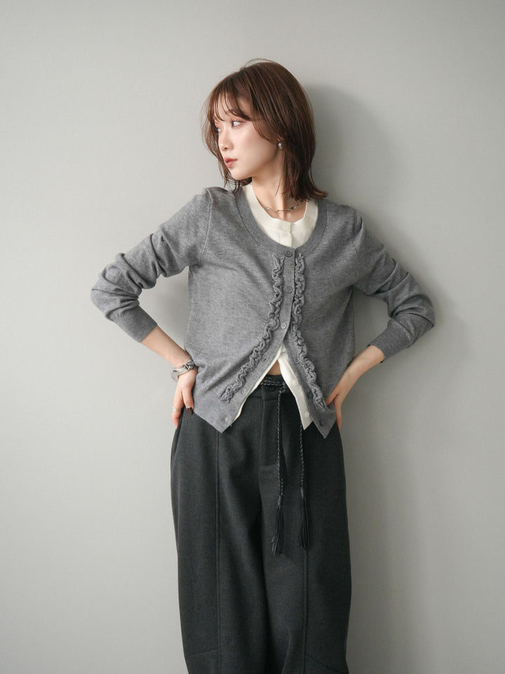 [予約]配色レイヤードフリルデザインニットカーディガン/gray
